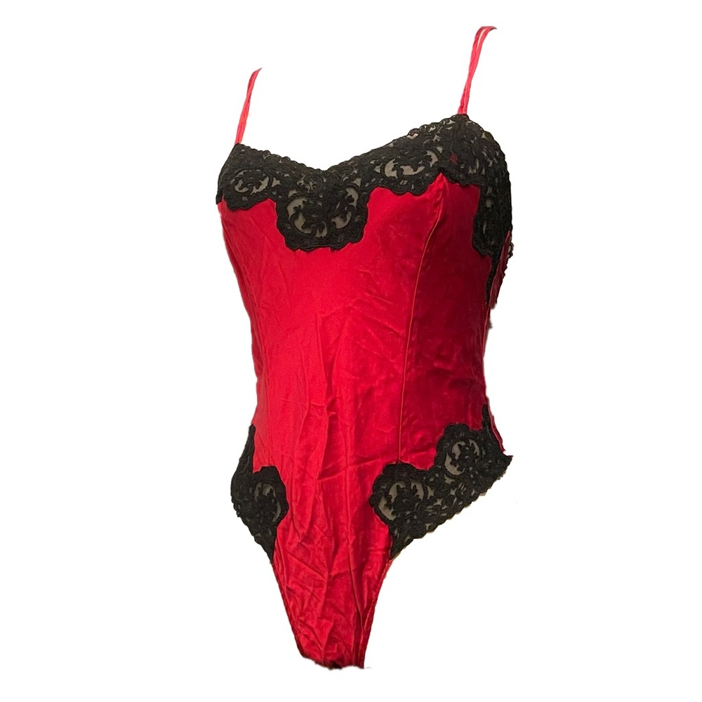 Vintage Red 100% Silk and Black Lace High Cut Bodysuit Sz Small